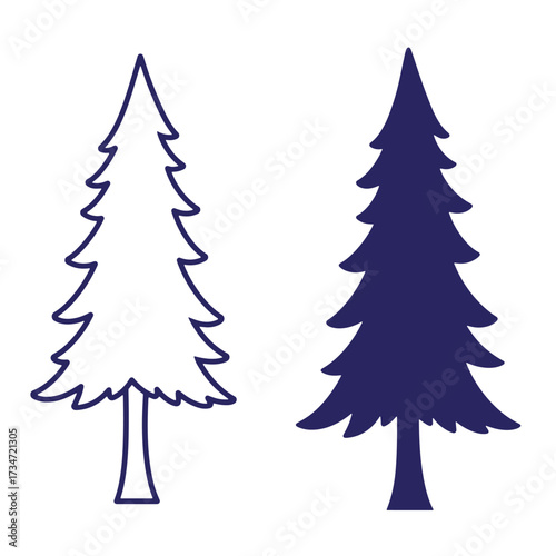 Two simple outlined and solid pine trees showing winter christmas and holiday seasons