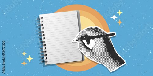 Canvas Print Retro halftone pop art collage with hand writing down with pen, paper scrap elements, and grunge abstract elements