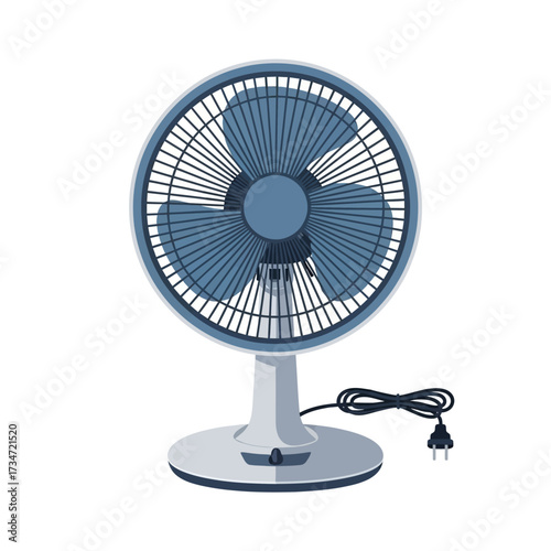 A blue electric table fan with a power cord and plug, isolated on a white background.