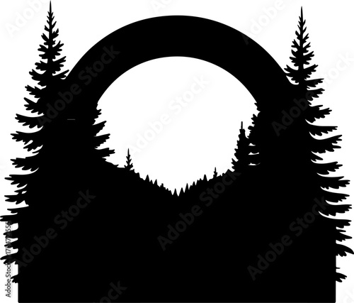Black and white silhouette of trees framing a forest archway on a nature background