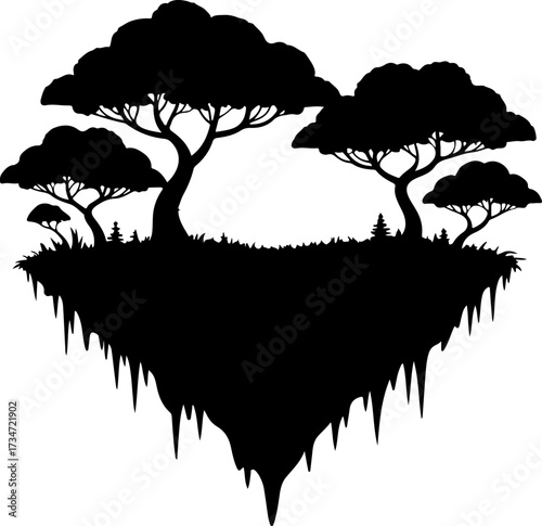 Black silhouette of a floating island with trees, perfect for fantasy and design projects
