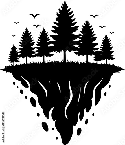 Elegant graphic illustration of a surreal floating island with towering evergreen trees and graceful birds, a serene nature design