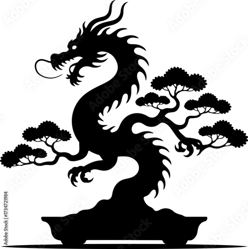 Silhouette of a mystical dragon entwined with a beautifully sculpted bonsai tree