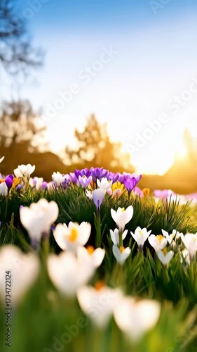 Close-up view of blooming crocuses in vibrant colors in a green meadow under a blue sky with warm golden sunlight