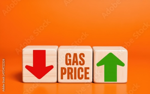 Wooden blocks with up and down arrows illustrating the concept of fluctuating gas prices and fuel market volatility
