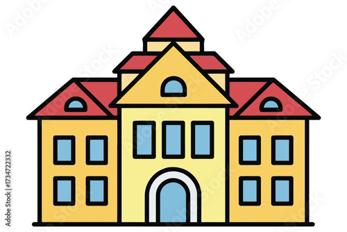 Illustration of a school building with a red roof the building has a yellow facade and blue windows, creating a colorful and inviting design