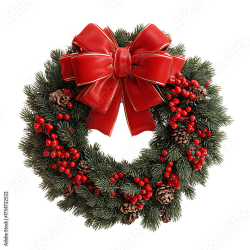 Christmas Wreath with Red Bow and Berries Isolated on White