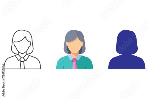 Illustration of a woman avatar the avatar is shown in three different styles outline, colored, and silhouette, representing various design options