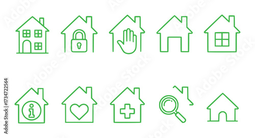 Collection of Green House Icons Representing Various Concepts