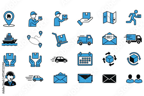 Vector art of delivery and logistics vector icon set, featuring a variety of elements related to shipping, transportation, and distribution