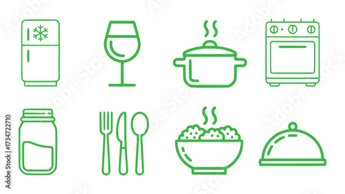 Collection of Green Line Icons Representing Kitchen and Food Items