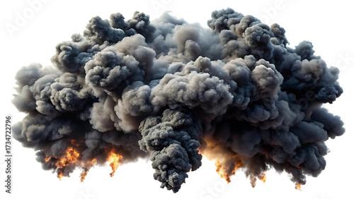 A massive explosion of dark smoke billows upward, creating a dramatic and destructive display isolated on transparent background