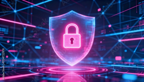 Cyber security holographic shield with glowing padlock icon, neon pink and blue tones, digital network background