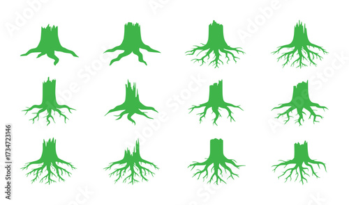 Collection of Green Tree Stumps with Intricate Root Systems