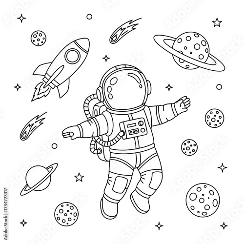 Astronaut in space, surrounded by planets and stars coloring page vector