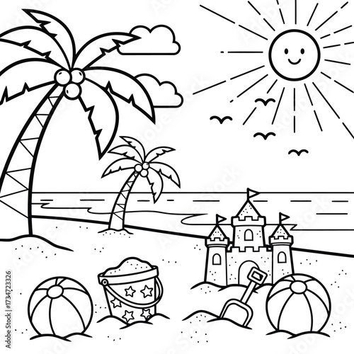 Summer beach with sand castle, palm trees and sun coloring page vector