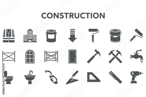 Vector art of construction icon set vector illustration collection of building, renovation, and repair tools and equipment for construction site and home improvement projects