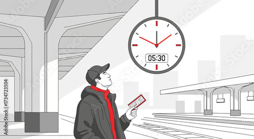 A traveler at a train station checks the time at 5:30 AM and holds his ticket in anticipation for
