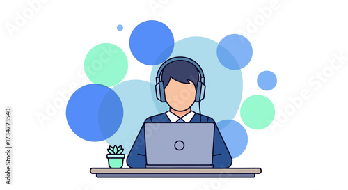 Abstract illustration of faceless person working remotely with laptop and headphones
