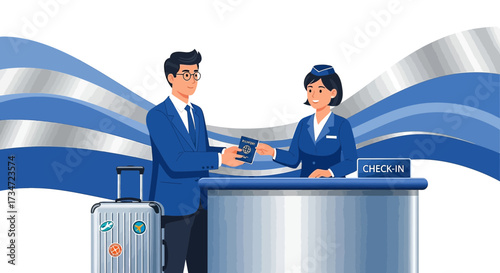Airport Check-in Illustration: Traveler Presenting Passport to Smiling Receptionist for Flight