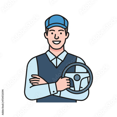 Smiling man in uniform holding a steering wheel, representing a driver or chauffeur.