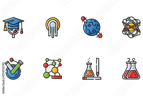 Vector art of a set of colorful science and research icons depicting various scientific disciplines and concepts, including astronomy, chemistry, and molecular biology