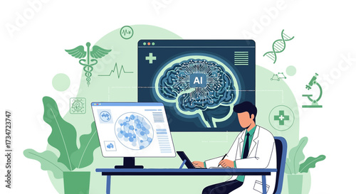 Artificial intelligence in medicine vector illustration showcasing doctor and brain scan analysis