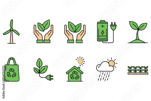 Vector art of ecofriendly and sustainable living concept a set of colorful icons depicting renewable energy, organic farming, and waste reduction