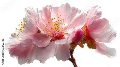  Two pink flowers with yellow stamens on a white background, softly focused on the central petals