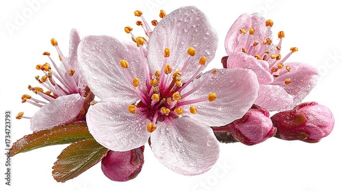   A macro image of a blossom dangling from a twig, adorned with dewdrops and encompassing verdant foliage against a crisp milieu