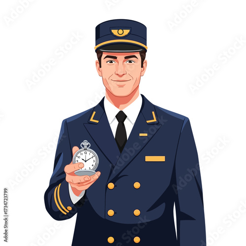 A smiling man in a dark blue uniform with gold accents, resembling a conductor or pilot, holding a silver pocket watch.