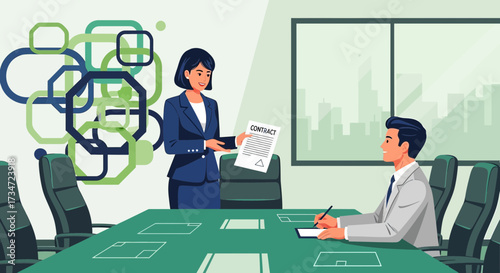 Business agreement review between colleagues in a modern office setting vector illustration