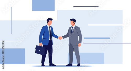 Business illustration depicting two business people shaking hands confirming agreements