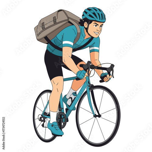 A man in a blue cycling outfit with a helmet and a large bag on his back rides a blue bicycle.