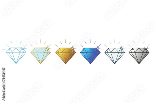Vector art of collection of six diamond icons in various colors, showcasing different hues and styles of gemstones for jewelry, design, and luxury concepts