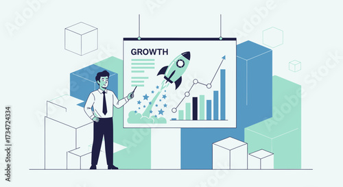Business presentation showing growth and success with rocket launch illustration graphic