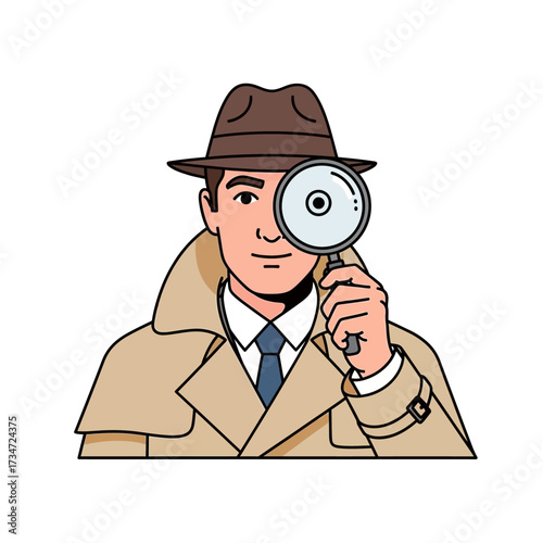 A cartoon illustration of a detective in a trench coat and fedora hat holding a magnifying glass over his eye, looking directly forward.
