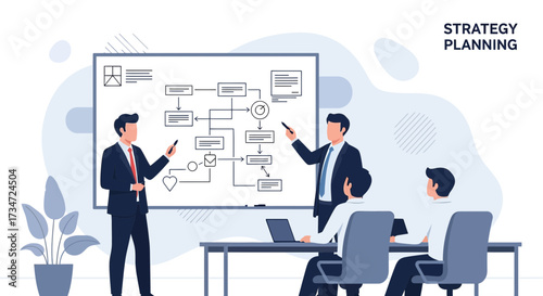 Business strategy planning presentation with team collaborating in meeting room environment