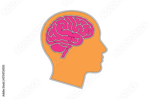 Illustration of a human head with a pink brain inside, representing intelligence, thought, memory, and cognitive function for medical, educational, and psychological themes