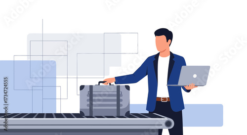 Business traveler with suitcase and laptop on airport conveyor belt illustration