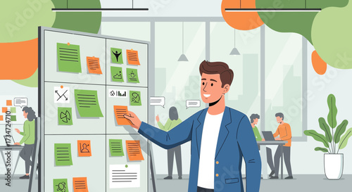 Businessman presents ideas at the office with a colorful sticky note presentation board