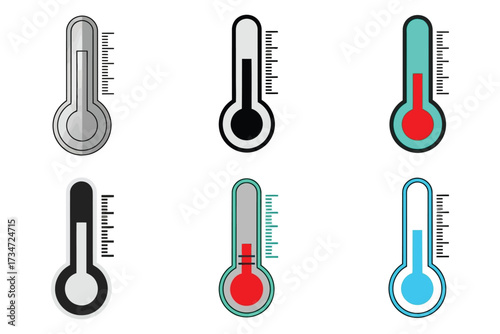 Vector art of collection of thermometer icons, showing varying temperatures for weather, health, science, and measurement concepts in diverse color schemes and styles