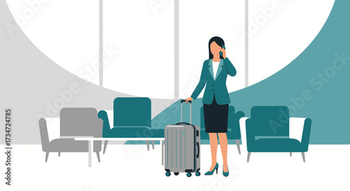 Businesswoman on phone with luggage in airport lounge waiting for departure