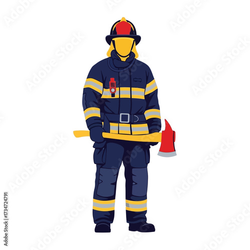 Vector illustration of a firefighter in full uniform and protective gear, holding a fire axe.