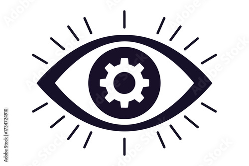 Vector art of eye with gear inside a symbol of vision, technology, and innovation, representing the integration of sight and mechanical processes in a modern design