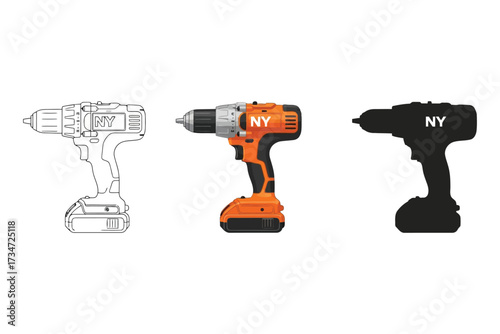 Vector art of cordless drill set outline, color, and silhouette versions a versatile tool for various tasks, showcasing its design and functionality in different styles