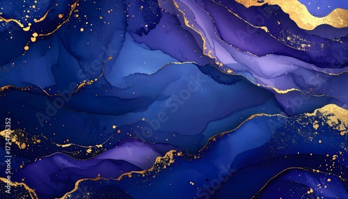 Dark blue and purple fluid art with golden streaks and speckles