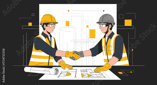 Construction Partnership: Engineers Sealing the Deal with Handshake Over Blueprints