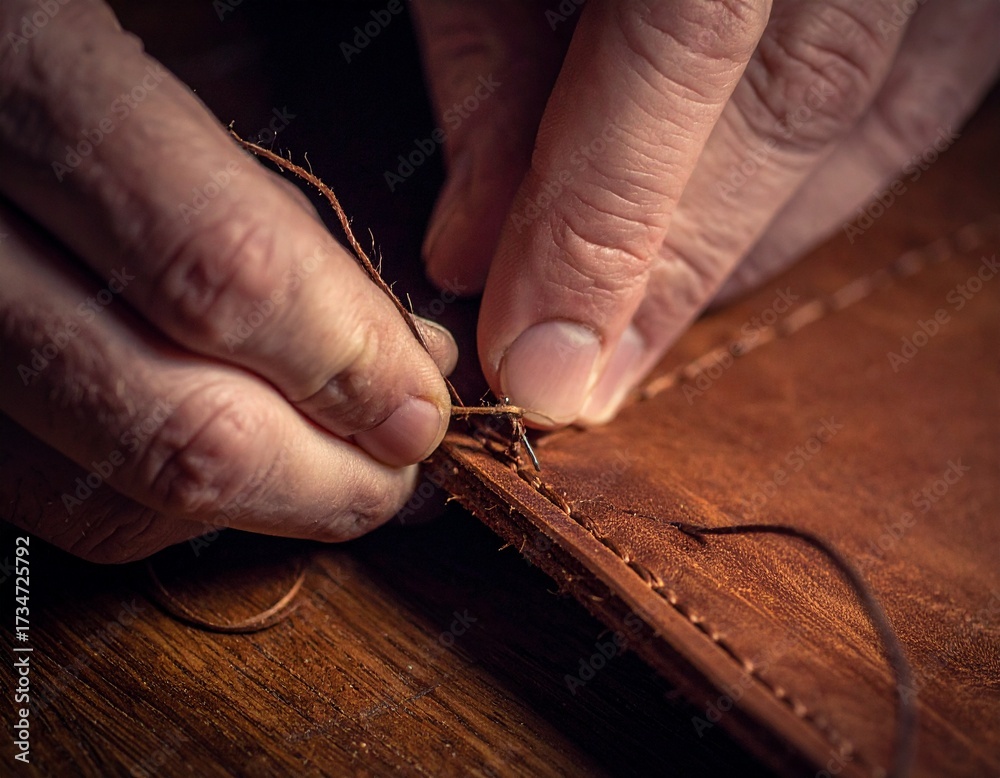 Obraz premium Craftsman hands sewing leather with needle and thread close up on wooden table