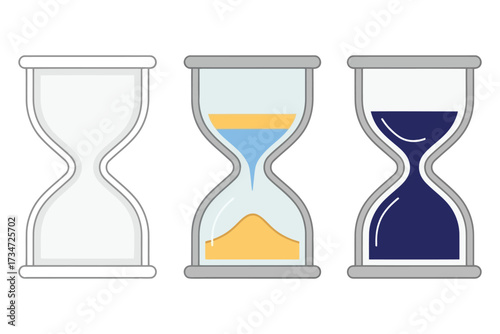 Vector art of three sandglass, each showing a different stage of time passing, from empty to partially filled, symbolizing the concept of time management